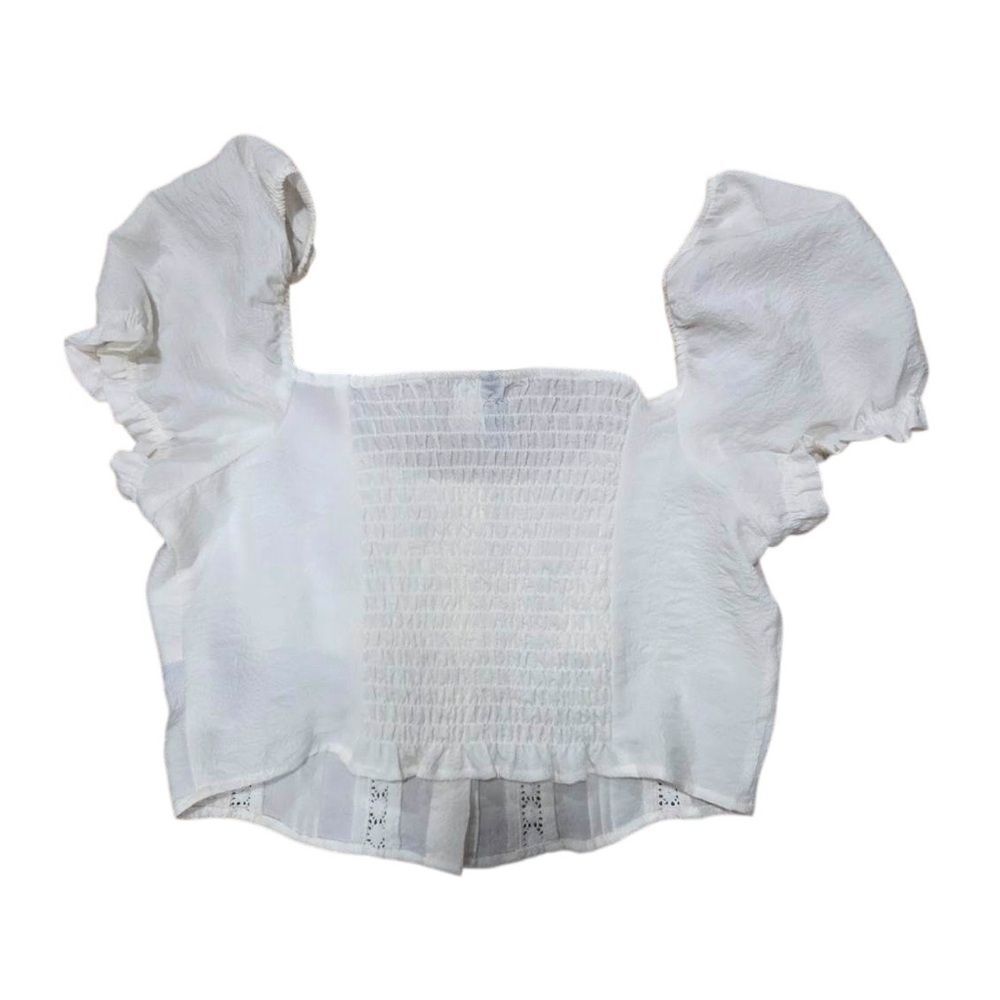 H&M Lace-Detail Crêped Blouse White Puff Sleeve Top - Picture 4 of 10